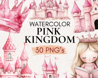 Watercolor Pink Princess Castle Clipart, Dragons (30 PNG)