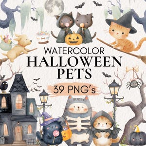 Watercolor Halloween Pets Clipart, Cute Dog Cat PNG, Trick Or Treat Animals, Spooky Puppy Graphics, Haunted House Decor, Fall Kitten Art