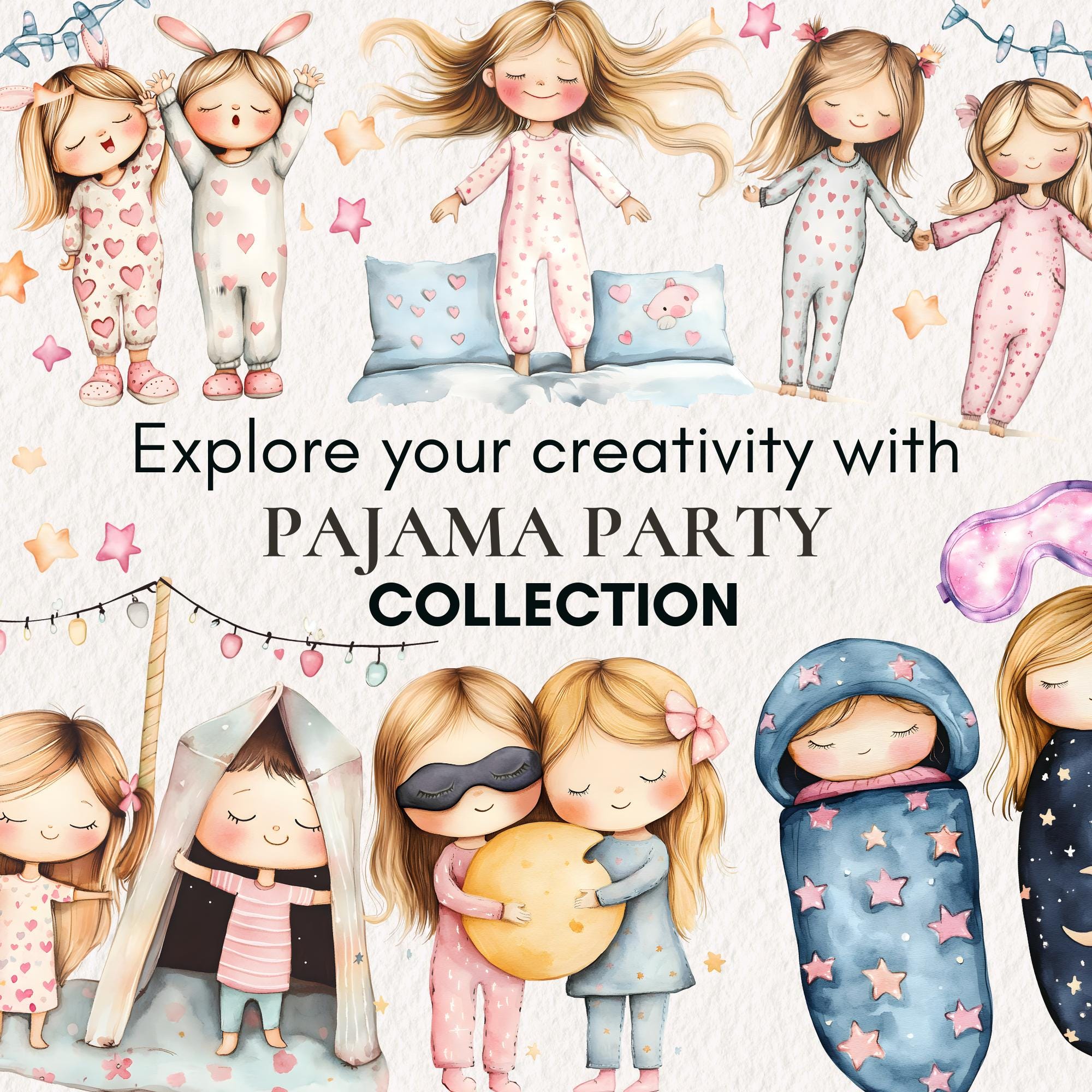 Watercolor Pajama Party Clipart, Slumber Party PNG Bundle, Sleepover ...