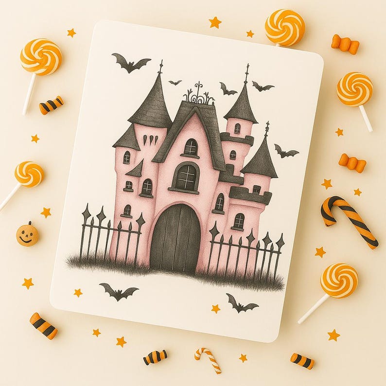 May include: A pink and grey castle illustration with a black fence, bats, and a dark grey door. The image is surrounded by Halloween-themed sweets, including orange and white swirl lollipops, candy corn, and star-shaped sprinkles.