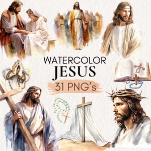 Pacote de clipart de Jesus em aquarela, PNG de gráficos religiosos para a Páscoa, cenário bíblico digital e artesanato cristão, arte de Ele ressuscitou