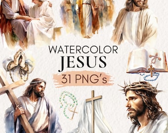 Aquarell Jesus Clipart Bundle, christliche PNG Grafiken (digitaler Download)
