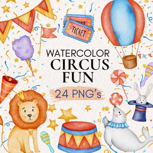 Conjunto de imágenes prediseñadas de acuarela de circo, ilustración de animales, payaso pequeño PNG, decoración colorida para guardería, carpa para fiesta de circo, arte digital de carnaval