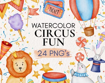 Watercolor Circus Clipart Set, Carnival Animals PNG (Digital Art)
