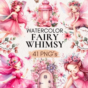 Clipart jardin féerique aquarelle, fée aquarelle, fée rose PNG, jardin féerique, clipart champignon, clipart maison champignon, maison de fée