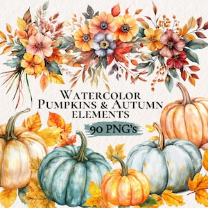 Pacote de clipart de abóboras de outono, coleção de abóboras de outono em aquarela, clipart de abóboras, abóbora PNG, outono Png, folhas de outono, coroas de outono