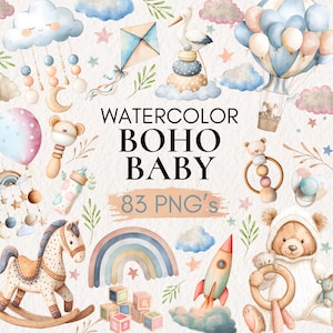 Clipart ad acquerello per baby shower, PNG per baby shower in stile boho, Clipart per neonato, Clipart per cameretta dei bambini, Pacchetto per rivelazione del sesso, Decorazioni per cameretta dei bambini in stile boho