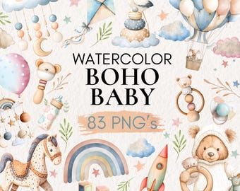 Watercolor Boho Baby Clipart, Nursery PNG Bundle (Digital Download)