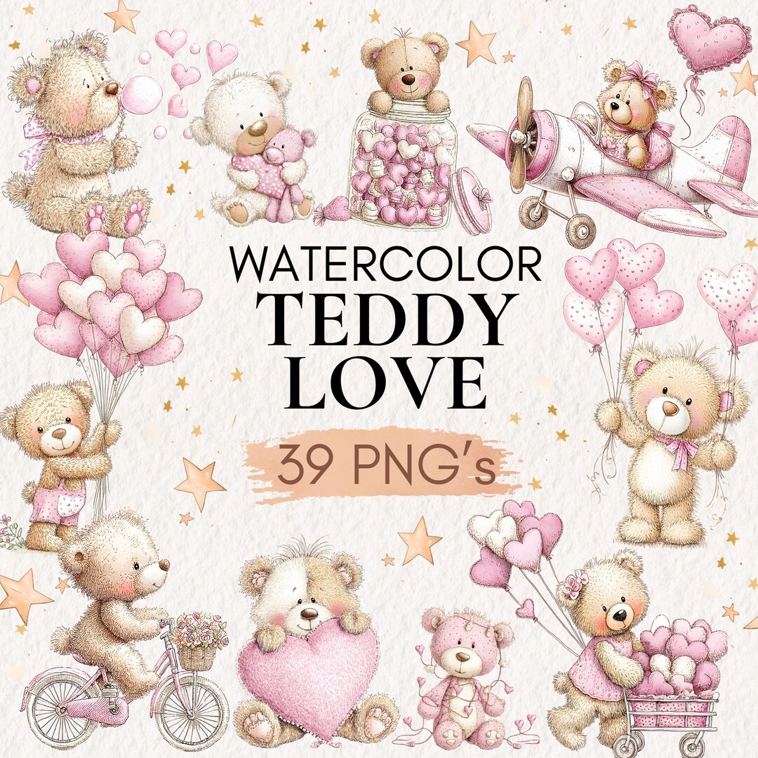 Watercolor Teddy Love Clipart Bundle | Cute Pink Teddy Bears Hearts PNG ...