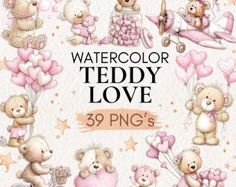 Watercolor Teddy Love Clipart Bundle | Cute Pink Teddy Bears Hearts PNG ...