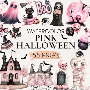 May include: A collection of watercolour illustrations featuring pink Halloween designs. The image includes a ghost, black cat, spider, witch, bat, skull, and other spooky characters. Text reads "Watercolor Pink Halloween" and "55 PNG's".
