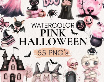 Watercolor Pink Halloween Clipart, Spooky Cute PNG (Digital Download)