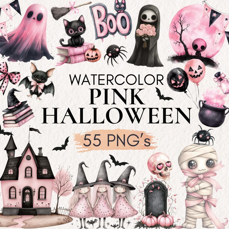 May include: A collection of watercolour illustrations featuring pink Halloween designs. The image includes a ghost, black cat, spider, witch, bat, skull, and other spooky characters. Text reads "Watercolor Pink Halloween" and "55 PNG's".