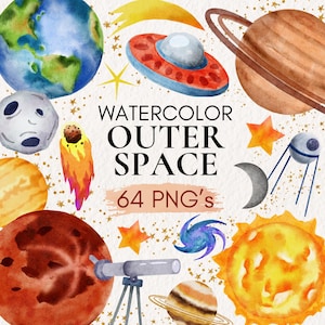 Watercolor Space Clipart, Watercolor Planets Clipart, Space Nursery Decor, Space and Planets PNG, Watercolor Planets, Solar system PNG