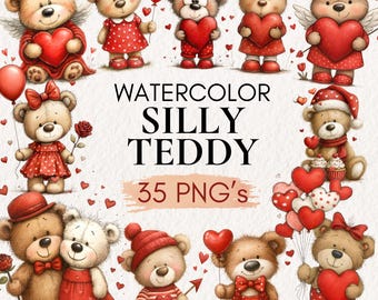 Watercolor Teddy Couple Clipart Bundle | Cute Bear Couples Hearts PNG ...