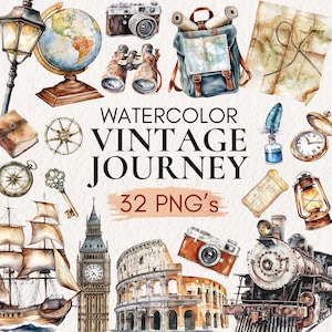 Puede incluir: Ilustraciones en acuarela de elementos de viaje vintage, incluyendo un globo terráqueo, cámara, prismáticos, mochila con mapa y un mapa. El texto dice "WATERCOLOR VINTAGE JOURNEY" y "32 PNG's".