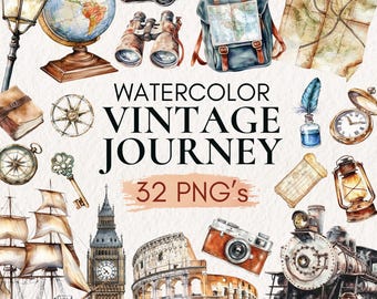 Vintage Reise Clipart | Nostalgisches Abenteuer PNG Grafiken Set | Retro Reise Map Globe Koffer | Fernweh Briefmarken Illustrationen