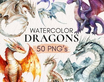 May include: Watercolor illustration of 50 dragons in various poses and colors. The dragons are depicted in a whimsical style with intricate details and vibrant hues. The text "WATERCOLOR DRAGONS 50 PNG's" is displayed at the bottom of the image.