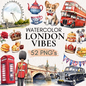 Akwarela Londyn Clipart, Big Ben Ilustracja, Buckingham Palace Art, London Eye PNG, British Crown Ilustracja, UK Zabytki Clipart