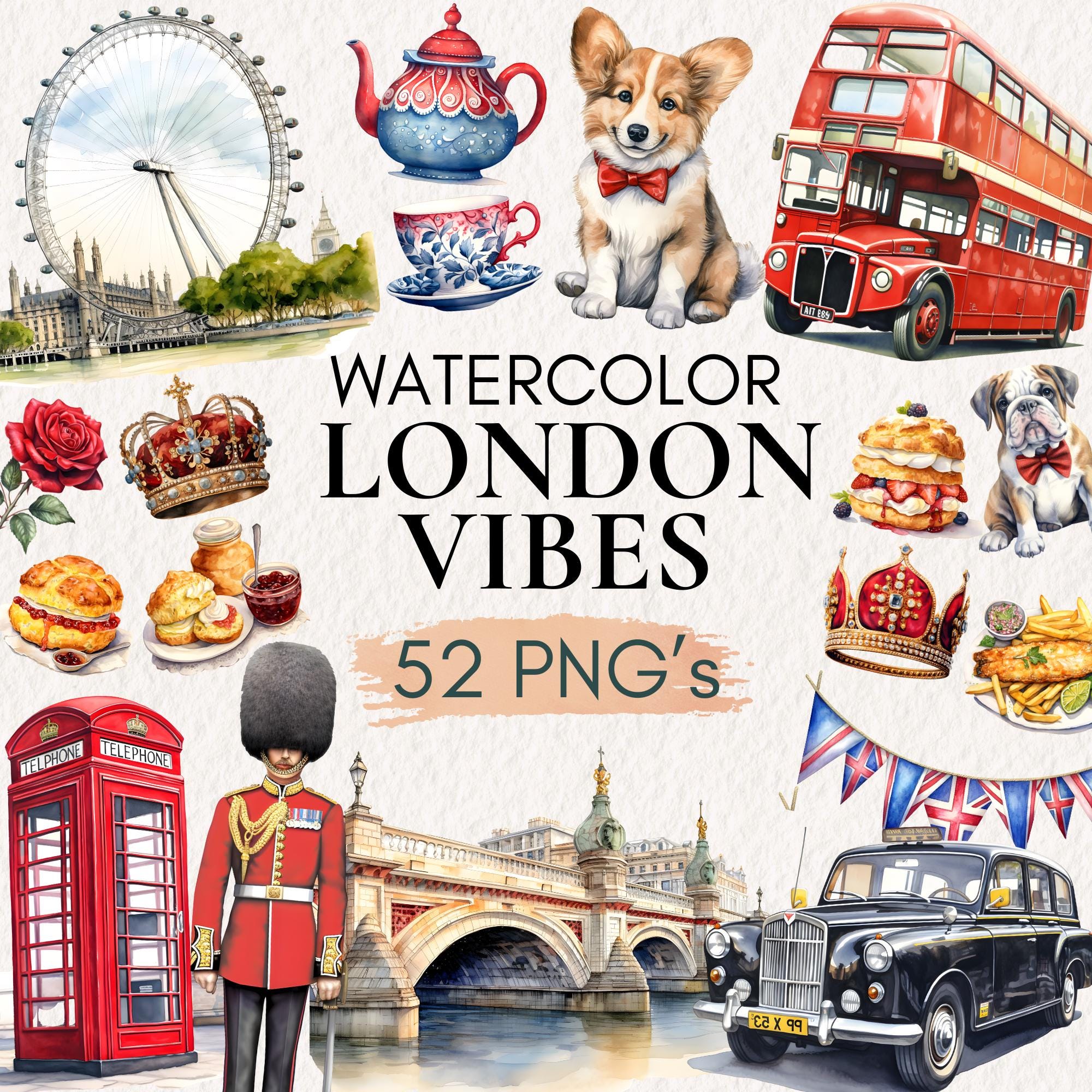 Watercolor London Clipart, Big Ben Illustration, Buckingham Palace Art, London Eye PNG, British Crown Illustration, UK Landmarks Clipart