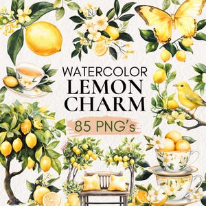 Aquarelle citron Clipart, lot de fruits PNG, Illustration de couronne de citron, motifs de carreaux méditerranéens, agrumes PNG, citrons en fleurs peints à la main