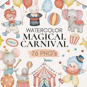 Ensemble de cliparts aquarelle cirque, illustration d'animaux, petit clown PNG, décoration de chambre d'enfant colorée, chapiteau de fête de cirque, art numérique de carnaval