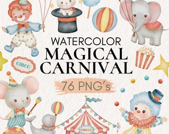 Watercolor Carnival Clipart Set, Circus Animals, Clowns (76 PNG)