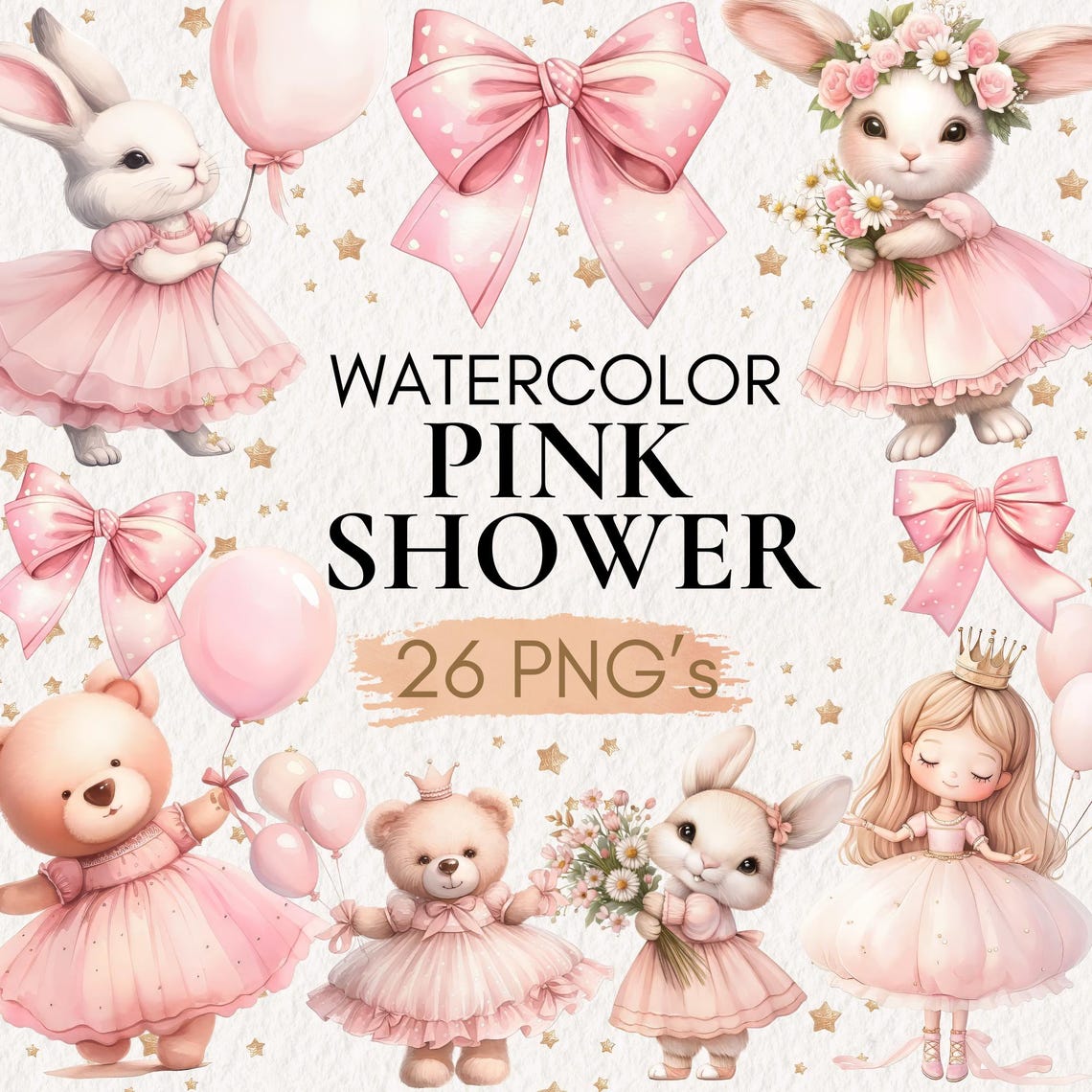 Watercolor Pink Baby Shower Clipart | Sweet Girl PNG Set | Whimsical ...