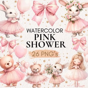 Aquarell Baby Dusche Clipart, Rosa Baby Dusche PNGs, Neugeborenen Baby Mädchen Clipart, Rosa Kaninchen Illustration, Rosa Teddy Bär Clipart, Kinderzimmer
