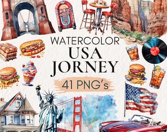Watercolor USA Road Trip Clipart, Vintage Travel Illustrations (PNG)