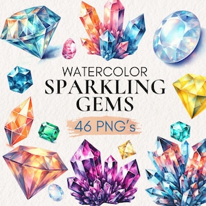 May include: Watercolor painting of sparkling gems in various shapes and colors, including blue, red, purple, yellow, and green. The text "WATERCOLOR SPARKLING GEMS 46 PNG's" is written in the center of the image.