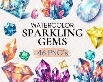 May include: Watercolor painting of sparkling gems in various shapes and colors, including blue, red, purple, yellow, and green. The text "WATERCOLOR SPARKLING GEMS 46 PNG's" is written in the center of the image.