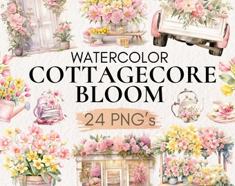 Clipart Cottagecore aquarelle, fleurs printanières PNG (téléchargement numérique)