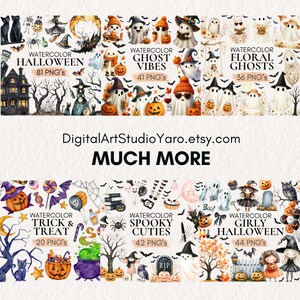 May include: A selection of watercolour Halloween-themed digital art prints. The image showcases various spooky illustrations, including ghosts, pumpkins, witches, and bats. Text includes "Watercolor Halloween," "Ghost Vibes," "Floral Ghosts," "Trick & Treat," "Spooky Cuties," and "Girly Halloween."