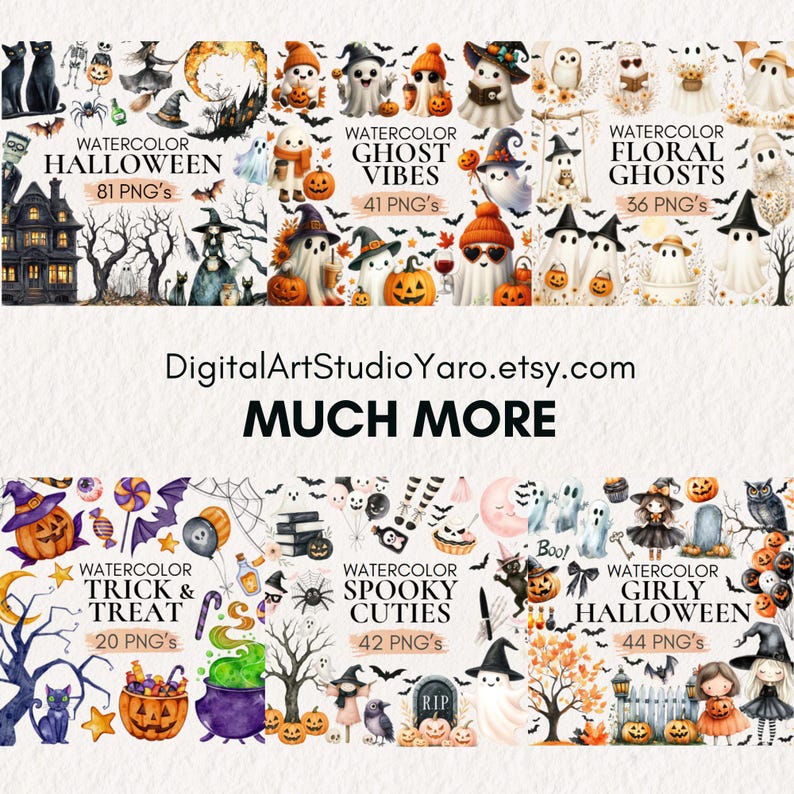 May include: A selection of watercolour Halloween-themed digital art prints. The image showcases various spooky illustrations, including ghosts, pumpkins, witches, and bats. Text includes "Watercolor Halloween," "Ghost Vibes," "Floral Ghosts," "Trick & Treat," "Spooky Cuties," and "Girly Halloween."