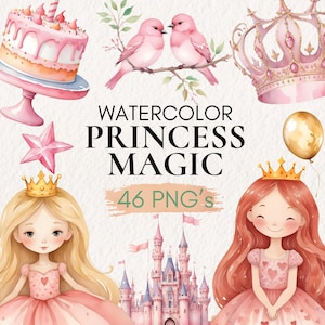 Aquarell Prinzessin Clipart, Königliche Clipart, Kleine Prinzessin Clipart, Märchen Clipart, Prinzessin PNG, Rosa Prinzessin, Rosa Schloss PNG