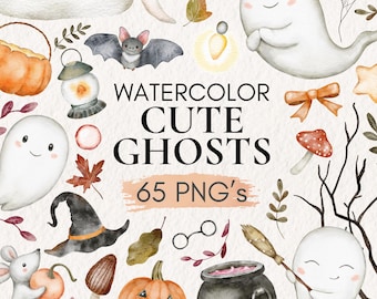 Watercolor Ghost Clipart | 65 Spooky Cute Halloween PNGs (Digital Download)