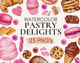 Watercolor Pastry Clipart, Sweet Treats PNG Graphics (Digital Download)