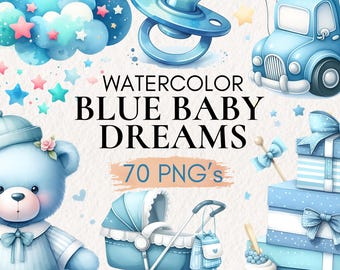 Watercolor Blue Baby Shower Clipart, 70 PNG Bundle (Digital Download)