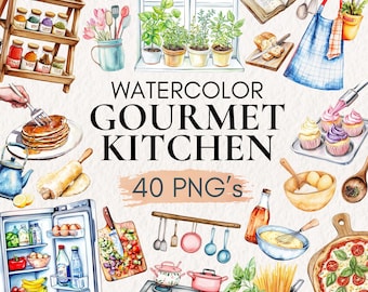 May include: Watercolor illustration of a gourmet kitchen scene. Includes various kitchen items such as spices, herbs, cooking utensils, food, and appliances. The text "WATERCOLOR GOURMET KITCHEN" and "40 PNG's" are also visible.