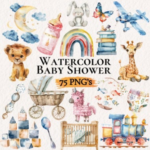 Clipart de baby shower en acuarela, juguetes para bebé, baby shower neutro, clipart para recién nacidos, bebé niño, bebé niña, baby shower PNG, guardería neutra