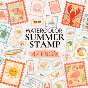 Sommer Aquarell Stempel | Vintage Porto PNG Clipart Set | Tropischer Strandferien Kunst | Penpal Briefpapier Schreibwaren Schreibwaren Reise Journal Dekor