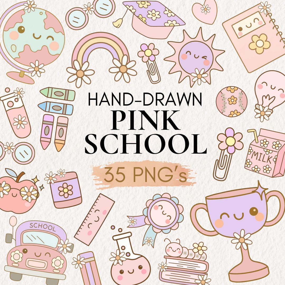 Pink School Clipart Bundle, Hand-drawn Retro PNG (digital Download) - Etsy