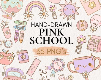 Pink School Clipart Bundle, Hand-Drawn Retro PNG (Digital Download)