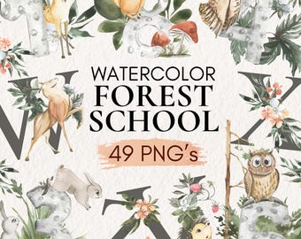 Watercolor Woodland Alphabet Clipart | Forest Animal Letters (PNG)