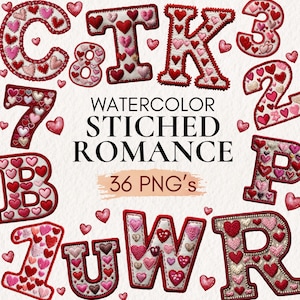 Puede incluir: Una colección de letras y números cosidos con acuarela, cada uno adornado con bordados en forma de corazón en tonos rojos, rosas y blancos. Se muestra el texto "WATERCOLOR STICHED ROMANCE", junto con "36 PNG's". Las letras y los números están delineados en rojo.