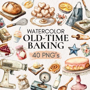 Puede incluir: Ilustración en acuarela con varios elementos de repostería. Incluye un pan, galletas en forma de corazón, una tarta, un pastel, una batidora y el texto "Watercolor Old-Time Baking 40 PNG's". Otros elementos incluyen un batidor, rodillo y balanza.
