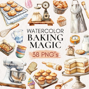Könnte beinhalten: Aquarell-Illustration mit Back-Themen. Enthält Kekse, Croissants, Cupcakes, eine Waage, einen Mixer und einen Kuchen. Der Text "Watercolor Baking Magic" und "38 PNG's" sind ebenfalls sichtbar. Das Bild hat einen weichen, künstlerischen Stil.