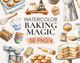 Clipart di pasticceria ad acquerello, PNG di magia della pasticceria ad acquerello, mixer, cupcake, mattarello, progetti fai da te per la cucina, logo di panetteria, grafica culinaria