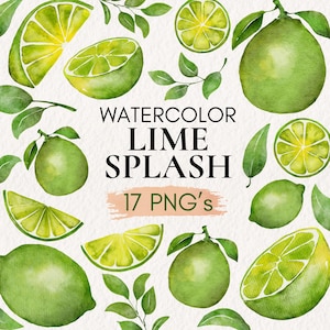 May include: Watercolor illustration of limes and lime slices with green leaves. The image includes the text "WATERCOLOR LIME SPLASH" and "17 PNG's". The limes are a vibrant green with yellow interiors, and the leaves are a deep green.